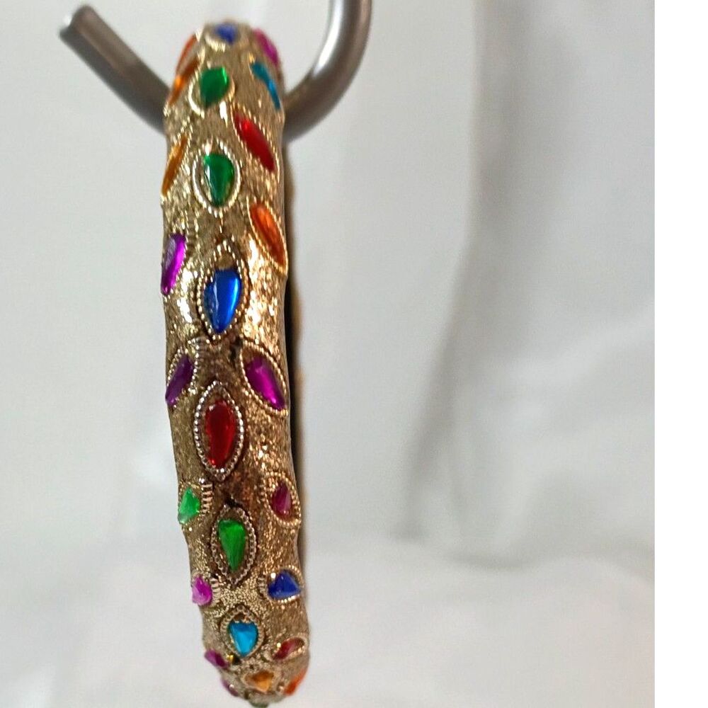 Vintage Gold Tone Multi Color Gemstone Bangle Bracelet | Colorful Jewel Inlay